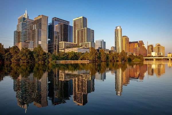 City skyline reflects in the Colorado River in Austin-Texas-USA